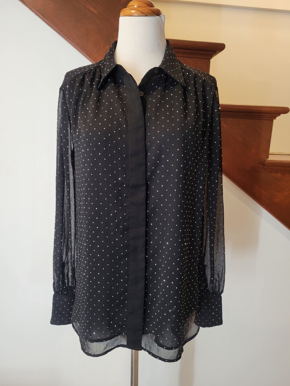 Ann Taylor Beaded Sparkly Sheer Sleeves Button Shirt Blouse Size S - Picture 6 of 6